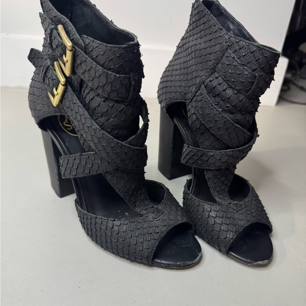 Ash Black Textured Women's Heels with Gold Buckle - Size 7 - Picture 15 of 17